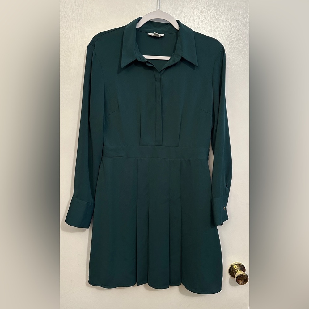 Dark Green Long Sleeve Pleated Short Dress, Size 10, Topshop